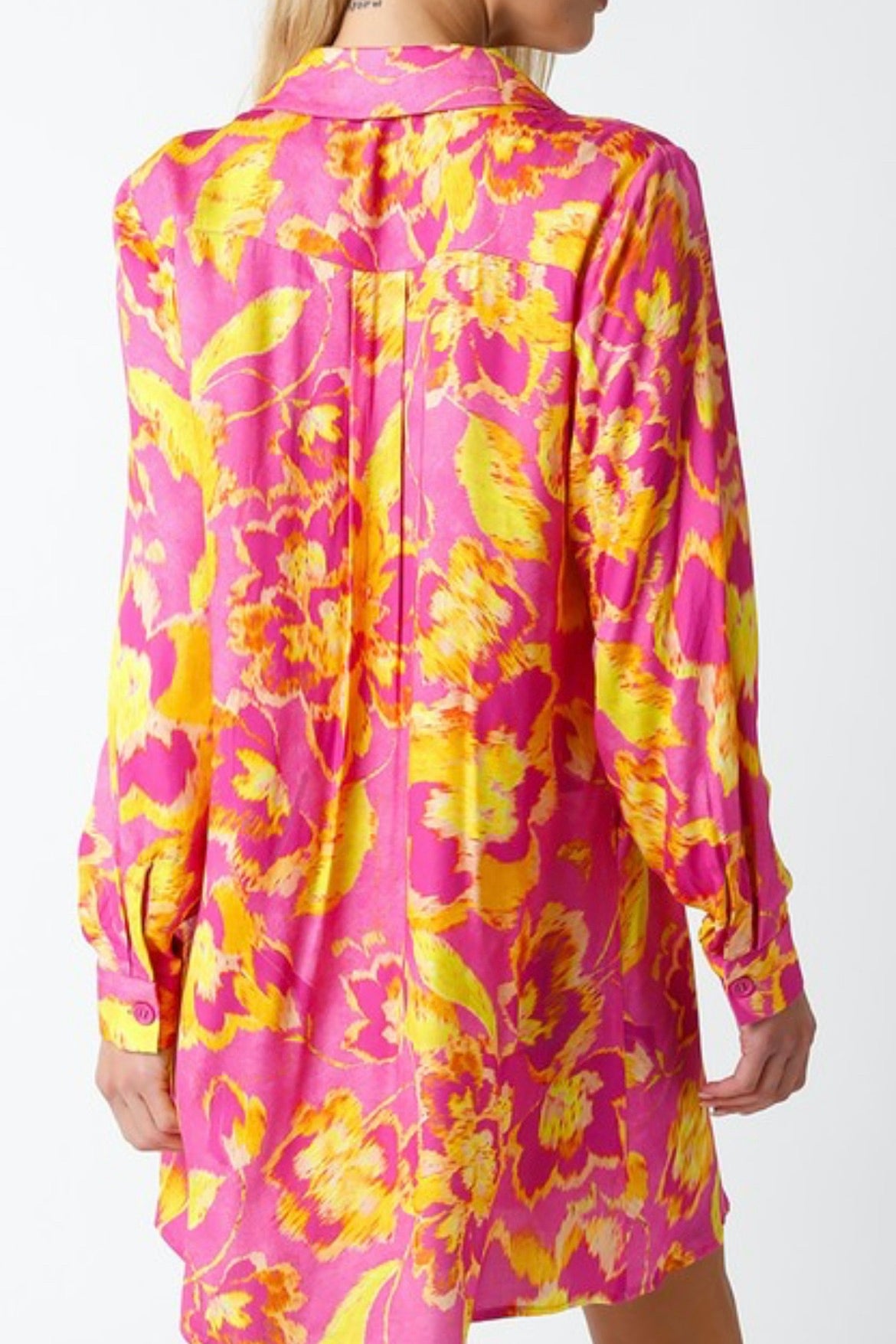 Olivaceous pink floral shirt dress