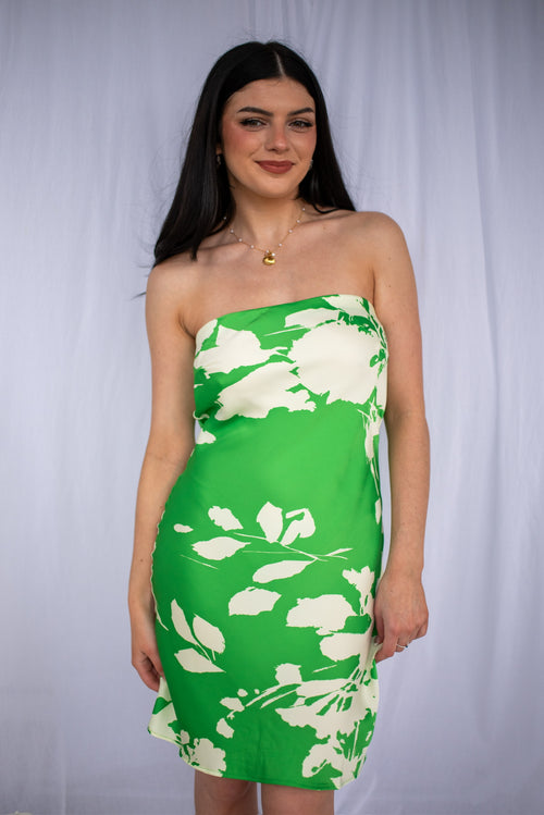 Askaa green floral strapless dress