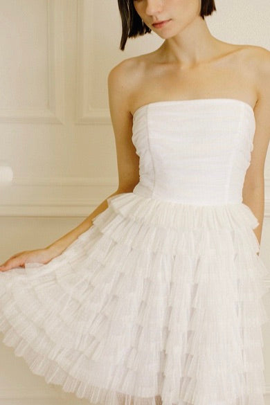 Storia white tulle ruffle strapless dress