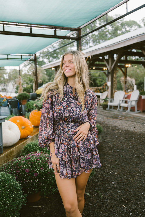 Olivaceous periwinkle floral ruffle dress