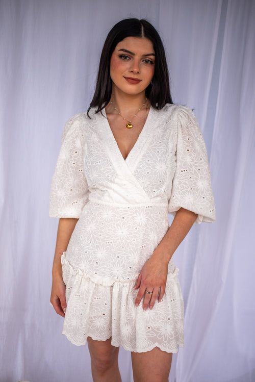 Olivaceous white eyelet dress