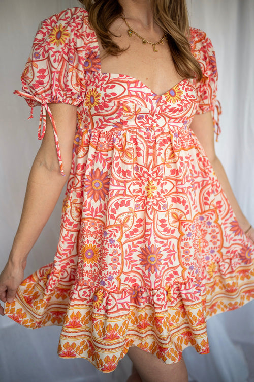 Olivaceous pink and orange floral babydoll dress