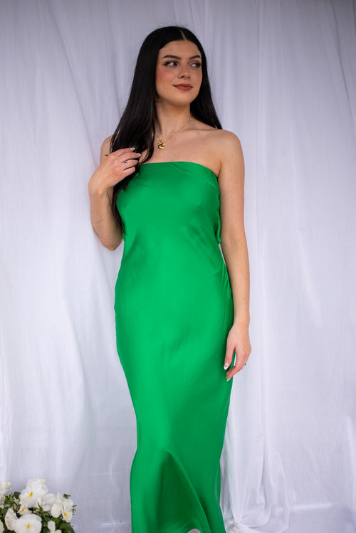Olivaceous green strapless dress